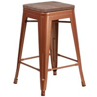 Flash Furniture ET-BT3503-24-POC-WD-GG 24 inch Copper Stackable Metal Backless Counter Height Stool with Square Wood Seat