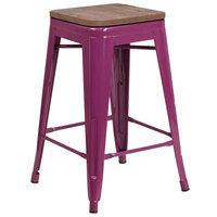 Flash Furniture ET-BT3503-24-PUR-WD-GG 24 inch Purple Stackable Metal Backless Counter Height Stool with Square Wood Seat