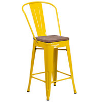 Flash Furniture CH-31320-24GB-YL-WD-GG 24 inch Yellow Metal Counter Height Stool with Vertical Slat Back and Wood Seat