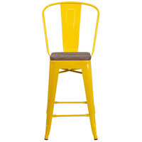 Flash Furniture CH-31320-24GB-YL-WD-GG 24 inch Yellow Metal Counter Height Stool with Vertical Slat Back and Wood Seat