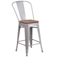 Flash Furniture CH-31320-24GB-SIL-WD-GG 24 inch Silver Metal Counter Height Stool with Vertical Slat Back and Wood Seat