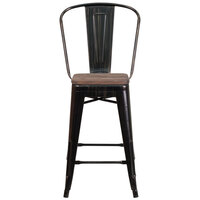 Flash Furniture CH-31320-24GB-BQ-WD-GG 24 inch Black-Antique Gold Metal Counter Height Stool with Vertical Slat Back and Wood Seat