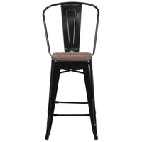 Flash Furniture CH-31320-24GB-BK-WD-GG 24 inch Black Metal Counter Height Stool with Vertical Slat Back and Wood Seat