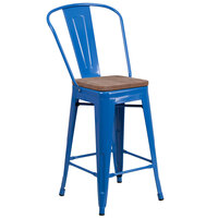 Flash Furniture CH-31320-24GB-BL-WD-GG 24 inch Blue Metal Counter Height Stool with Vertical Slat Back and Wood Seat
