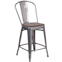 Flash Furniture XU-DG-TP001B-24-WD-GG 24" Clear Coated Metal Counter Height Stool with Vertical Slat Back and Square Wood Seat
