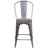 Flash Furniture XU-DG-TP001B-24-WD-GG 24 inch Clear Coated Metal Counter Height Stool with Vertical Slat Back and Square Wood Seat