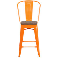 Flash Furniture CH-31320-24GB-OR-WD-GG 24 inch Orange Metal Counter Height Stool with Vertical Slat Back and Wood Seat
