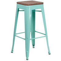 Flash Furniture ET-BT3503-30-MINT-WD-GG 30" Mint Green Stackable Metal Backless Bar Height Stool with Square Wood Seat