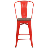 Flash Furniture CH-31320-24GB-RED-WD-GG 24 inch Red Metal Counter Height Stool with Vertical Slat Back and Wood Seat