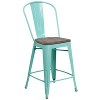 Flash Furniture ET-3534-24-MINT-WD-GG 24 inch Mint Green Metal Counter Height Stool with Vertical Slat Back and Wood Seat