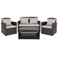 Flash Furniture JJ-S351-GG Aransas Series 4-Piece Black Rattan Weave Patio Set with Gray Pillows / Cushions