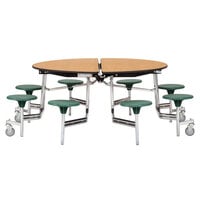 National Public Seating MTR60S-PBTMCR 60 inch Round Mobile Particleboard Cafeteria Table with Chrome Frame, T-Molding Edge, and 8 Stools