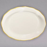 CAC 12 5/8" x 9 1/4" Ivory (American White) Scalloped Edge China Platter with Gold Band - 12/Case