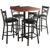 Lancaster Table & Seating 30" Square Wood Butcher Block Bar Height Table with 4 Black Cross Back Chairs - Mahogany