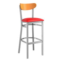 Lancaster Table & Seating Boomerang Series Clear Coat Finish Bar Stool with Red Vinyl Seat and Cherry Wood Back