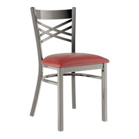 Lancaster Table & Seating Clear Coat Finish Cross Back Chair with 2 1/2" Burgundy Vinyl Padded Seat - Assembled
