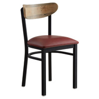 Lancaster Table & Seating Boomerang Black Finish Chair with 2 1/2 inch Burgundy Vinyl Padded Seat and Driftwood Back