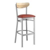 Lancaster Table & Seating Boomerang Series Clear Coat Finish Bar Stool with Burgundy Vinyl Seat and Driftwood Back