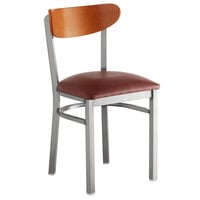 Lancaster Table & Seating Boomerang Clear Coat Finish Chair with 2 1/2 inch Burgundy Vinyl Padded Seat and Cherry Wood Back