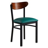 Lancaster Table & Seating Boomerang Black Finish Chair with 2 1/2 inch Green Vinyl Padded Seat and Antique Walnut Wood Back