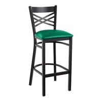 Lancaster Table & Seating Black Finish Cross Back Bar Stool with 2 1/2" Green Vinyl Padded Seat