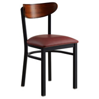 Lancaster Table & Seating Boomerang Black Finish Chair with 2 1/2 inch Burgundy Vinyl Padded Seat and Antique Walnut Wood Back
