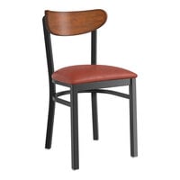 Lancaster Table & Seating Boomerang Series Black Finish Chair with Burgundy Vinyl Seat and Antique Walnut Wood Back