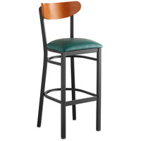 Lancaster Table & Seating Boomerang Bar Height Black Chair with Green Vinyl Seat and Cherry Back