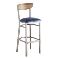 Lancaster Table & Seating Boomerang Bar Height Clear Coat Chair with Navy Vinyl Seat and Driftwood Back