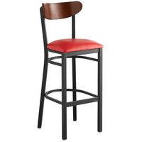 Lancaster Table & Seating Boomerang Bar Height Black Chair with Red Vinyl Seat and Antique Walnut Back
