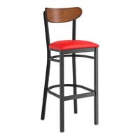 Lancaster Table & Seating Boomerang Series Black Finish Bar Stool with Red Vinyl Seat and Antique Walnut Wood Back