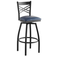 Lancaster Table & Seating Cross Back Bar Height Black Swivel Chair with Navy Vinyl Seat