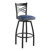 Lancaster Table & Seating Black Finish Cross Back Swivel Bar Stool with 2 1/2" Navy Vinyl Padded Seat