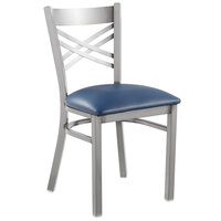 Lancaster Table & Seating Clear Coat Steel Cross Back Chair with 2 1/2" Navy Vinyl Seat
