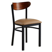 Lancaster Table & Seating Boomerang Black Finish Chair with 2 1/2 inch Light Brown Vinyl Padded Seat and Antique Walnut Wood Back