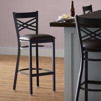 Lancaster Table & Seating Cross Back Bar Height Black Chair with Dark Brown Vinyl Seat - Detached Seat