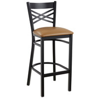 Lancaster Table & Seating Black Finish Cross Back Bar Stool with 2 1/2" Light Brown Vinyl Padded Seat - Assembled