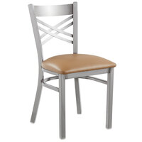 Lancaster Table & Seating Clear Coat Steel Cross Back Chair with 2 1/2" Light Brown Vinyl Seat