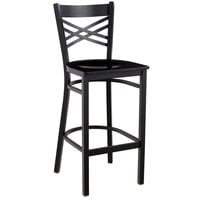 Lancaster Table & Seating Black Finish Cross Back Bar Stool with Black Wood Seat - Assembled