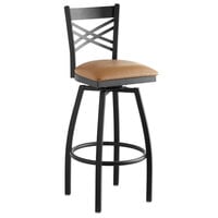 Lancaster Table & Seating Black Finish Cross Back Swivel Bar Stool with 2 1/2" Light Brown Vinyl Padded Seat