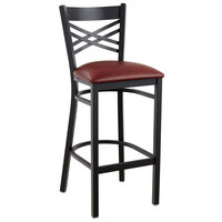 Lancaster Table & Seating Black Finish Cross Back Bar Stool with 2 1/2 inch Burgundy Vinyl Padded Seat - Detached