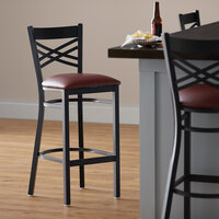 Lancaster Table & Seating Cross Back Bar Height Black Chair with Burgundy Vinyl Seat - Detached Seat