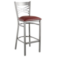 Lancaster Table & Seating Clear Coat Finish Cross Back Bar Stool with 2 1/2" Burgundy Vinyl Padded Seat