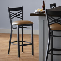 Lancaster Table & Seating Black Finish Cross Back Bar Stool with 2 1/2 inch Light Brown Vinyl Padded Seat - Detached