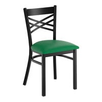 Lancaster Table & Seating Black Finish Cross Back Chair with 2 1/2" Green Vinyl Padded Seat - Assembled