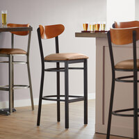 Lancaster Table & Seating Boomerang Bar Height Black Chair with Light Brown Vinyl Seat and Cherry Back