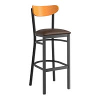Lancaster Table & Seating Boomerang Series Black Finish Bar Stool with Dark Brown Vinyl Seat and Cherry Wood Back