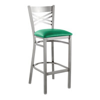 Lancaster Table & Seating Clear Coat Finish Cross Back Bar Stool with 2 1/2" Green Vinyl Padded Seat - Assembled