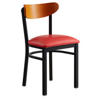 Lancaster Table & Seating Boomerang Black Finish Chair with 2 1/2 inch Red Vinyl Padded Seat and Cherry Wood Back