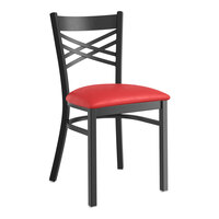 Lancaster Table & Seating Black Finish Cross Back Chair with 2 1/2" Red Vinyl Padded Seat - Assembled